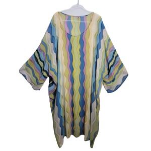 Cocoon House 100% Silk Dress Blue Green Wavy Stripe Sheer One Size Lagenlook